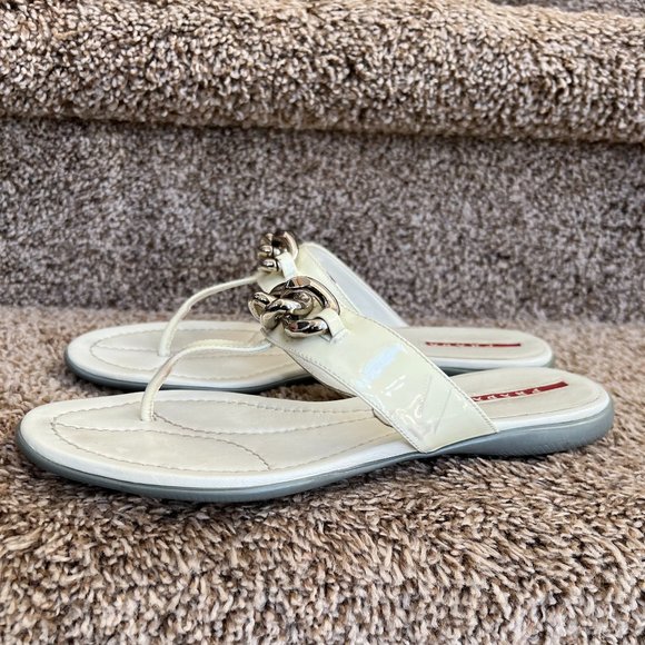Prada Women's White Patent Leather Thong Sandals - - Picture 2 of 16
